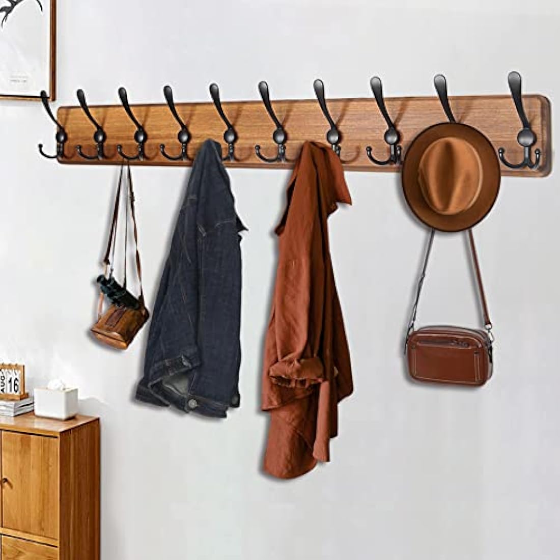 WEBI Coat Rack Wall Mounted,98cm Long,Wood Coat Hooks Wall Mounted,Coat Hanger Wall,Hook Rack Rail,10 Triple Hooks for Hanging Coats,Clothes,Jacket,Hats,Rustic Brown