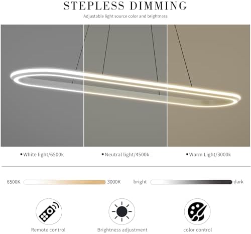 Mikeru Modern LED Oval Pendant Light, 110cm Kitchen Island Pendant Light, Dimmable 3000k-6500k Ceiling Chandelier, Brightness Adjustable 10%-100% for Office, Living Room, Island