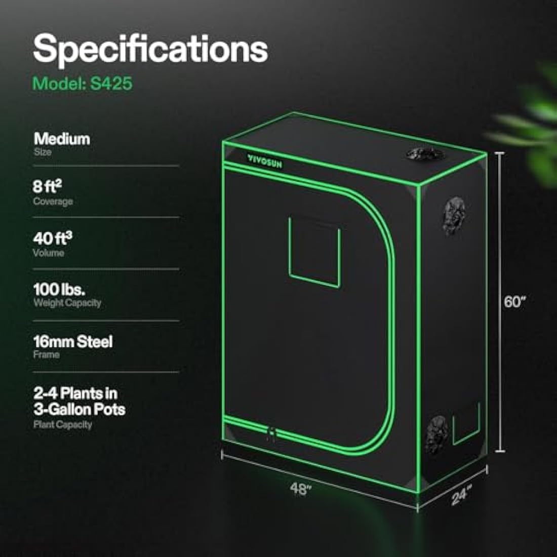VIVOSUN Grow Tent 120 x 60 x 150 cm, Made of Highly Reflective Mylar, with Viewing Window and Base Tray for Hydroponics and Indoor Growing, S425, Suitable for VS2000