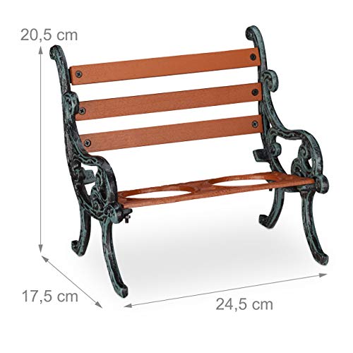 Relaxdays Mini Flower Bench, Wood & Cast Iron, Flower Holder for 2 Pots, Garden Decoration, Brown/Grey-Green