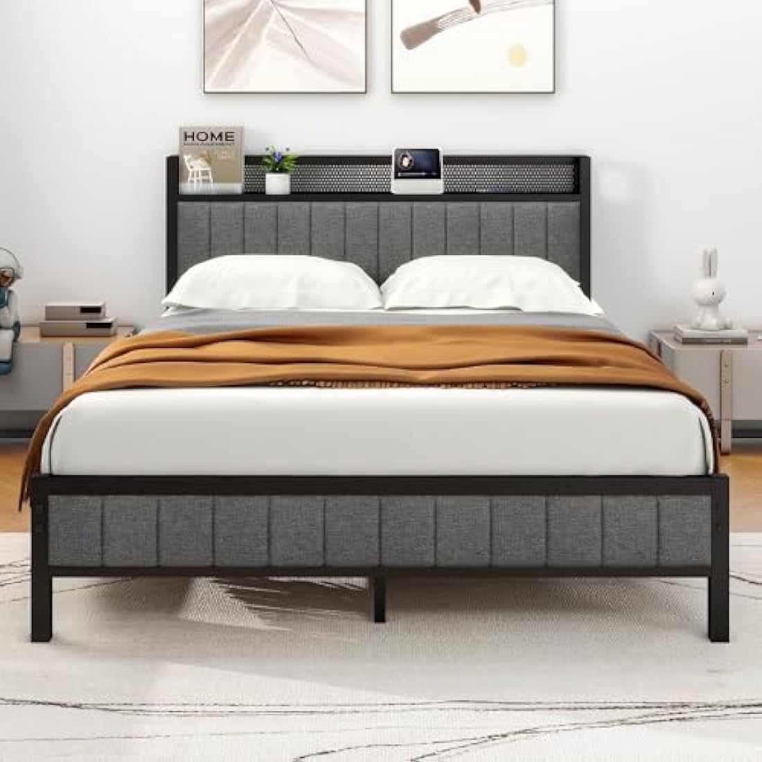 MOFLUT King Size Bed Frame with Wooden Storage Headboard Shelf, Upholstered Bed Frames King Size with Metal Slats Enhanced Support, No Box Spring Needed, Gray King Bed