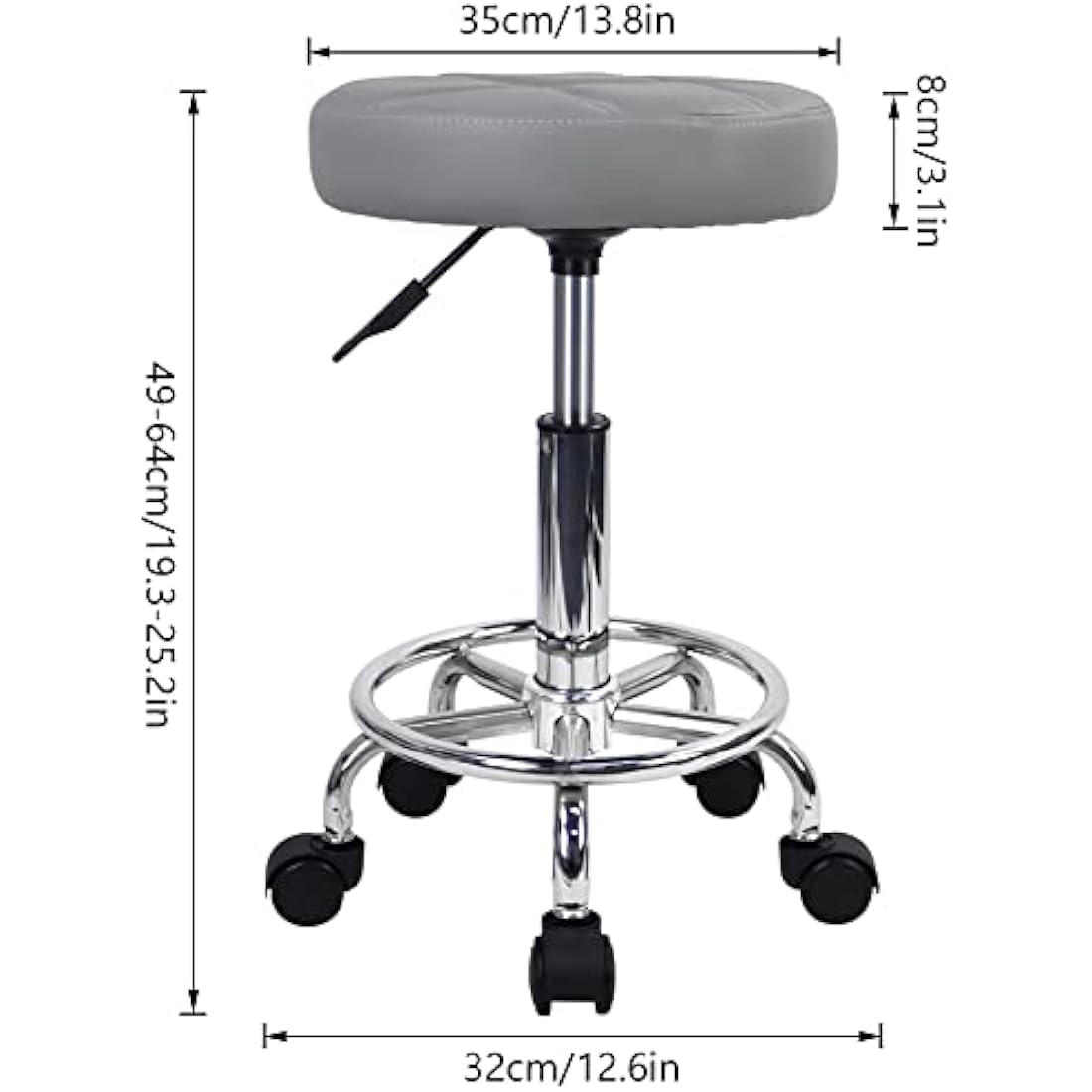 KKTONER Round Rolling Stool Chair PU Leather Height Adjustable Swivel Drafting Work SPA Shop Salon Stools with Wheels Office Chair Small (Gray)