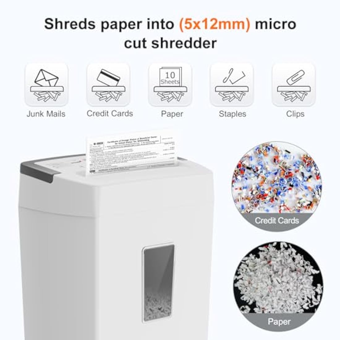 Bonsaii 10 Sheet Micro Cut Paper Shredder for Home & Office Use, P-4 High Security (5×12mm), 21L Bin, Shreds Credit Cards, Staples & Paper Clips, Overheat Protection, Manual Reversal, White, C275-B