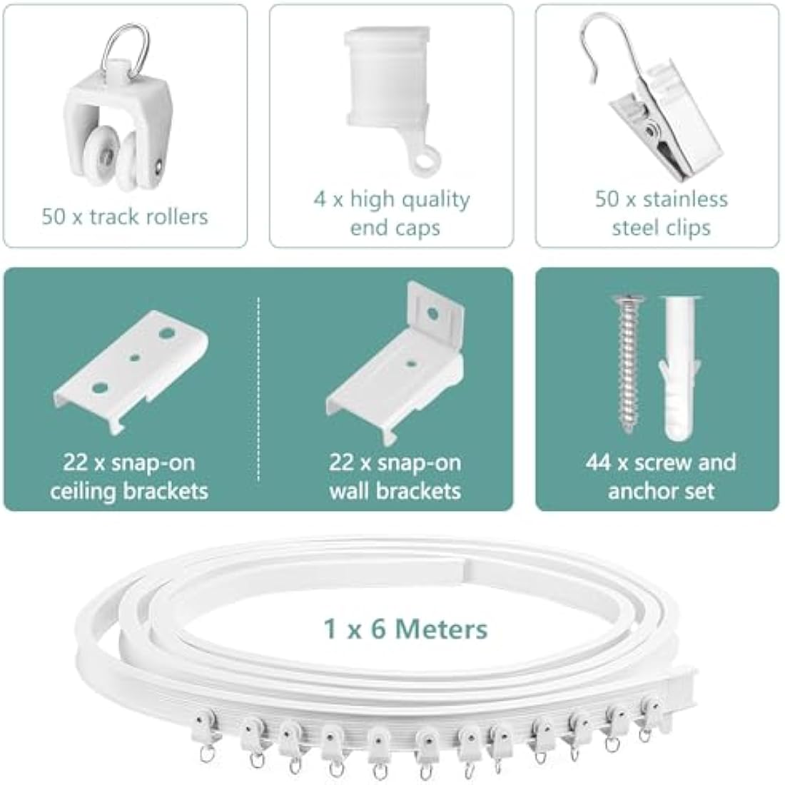Bendable Ceiling Curtain Track for Bay Window, 20FT/6M Flexible Curved Curtain Rail Ceiling Wall Mount Heavy Duty Plastic Curtain Rails Track System for Bed Room Divider, White