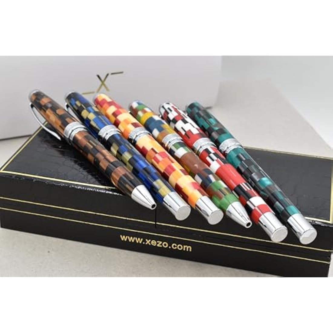 Xezo Urbanite II Fountain Pen, Medium Nib. Sporty Red, Black, and White Checkered Acrylic on Brass. Chrome Plated. Handcrafted, Limited Edition, Serialized
