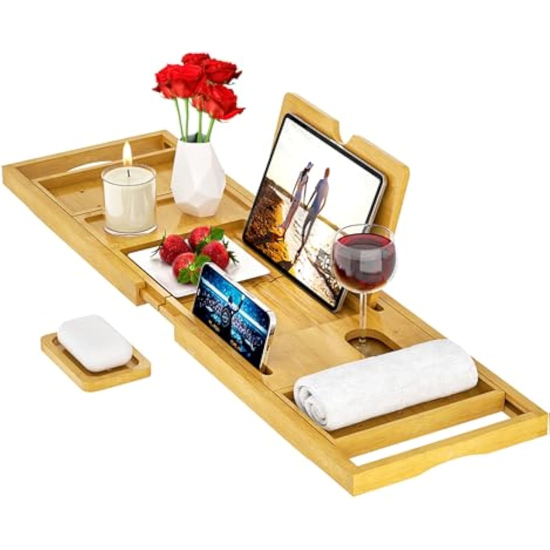 Premium Bamboo Bath Tray – Expandable Bath Caddy Tray- Adjustable Bathtub Tray Caddy,Fits Most Bathtub Sizes