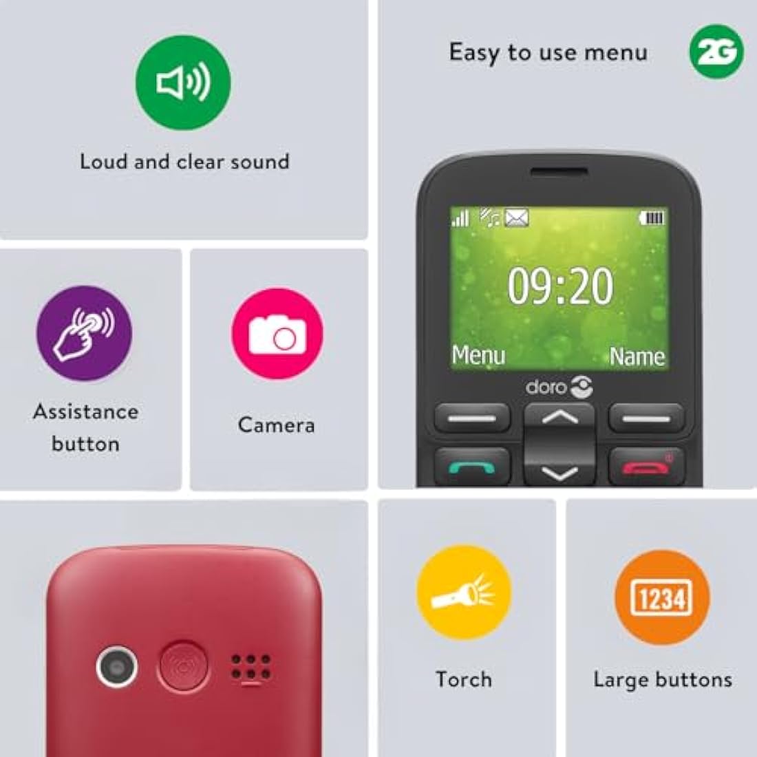 Doro 1380 Unlocked 2G Network ONLY Dual SIM Mobile Phone for Seniors with 2.4" Display, Camera and Assistance Button [UK and Irish Version] (Red)