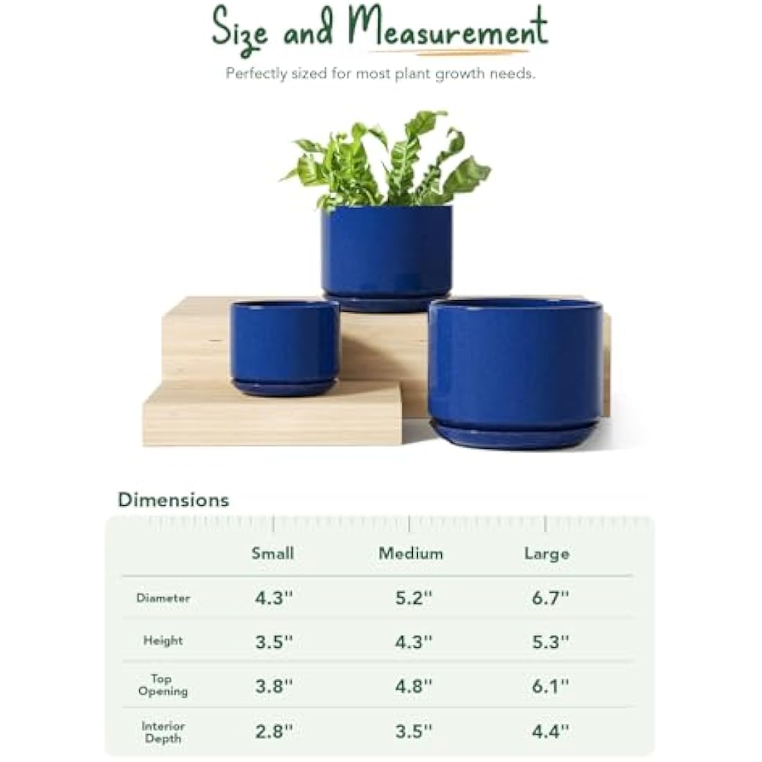 LE TAUCI Plant Pots, 11+13+17 cm Ceramic Planters, Set of 3 Flower Pots with Drainage Hole and Saucer, Indoor Plant Pot with Hole Mesh Pad, Gifts for Mom, Sapphire Blue