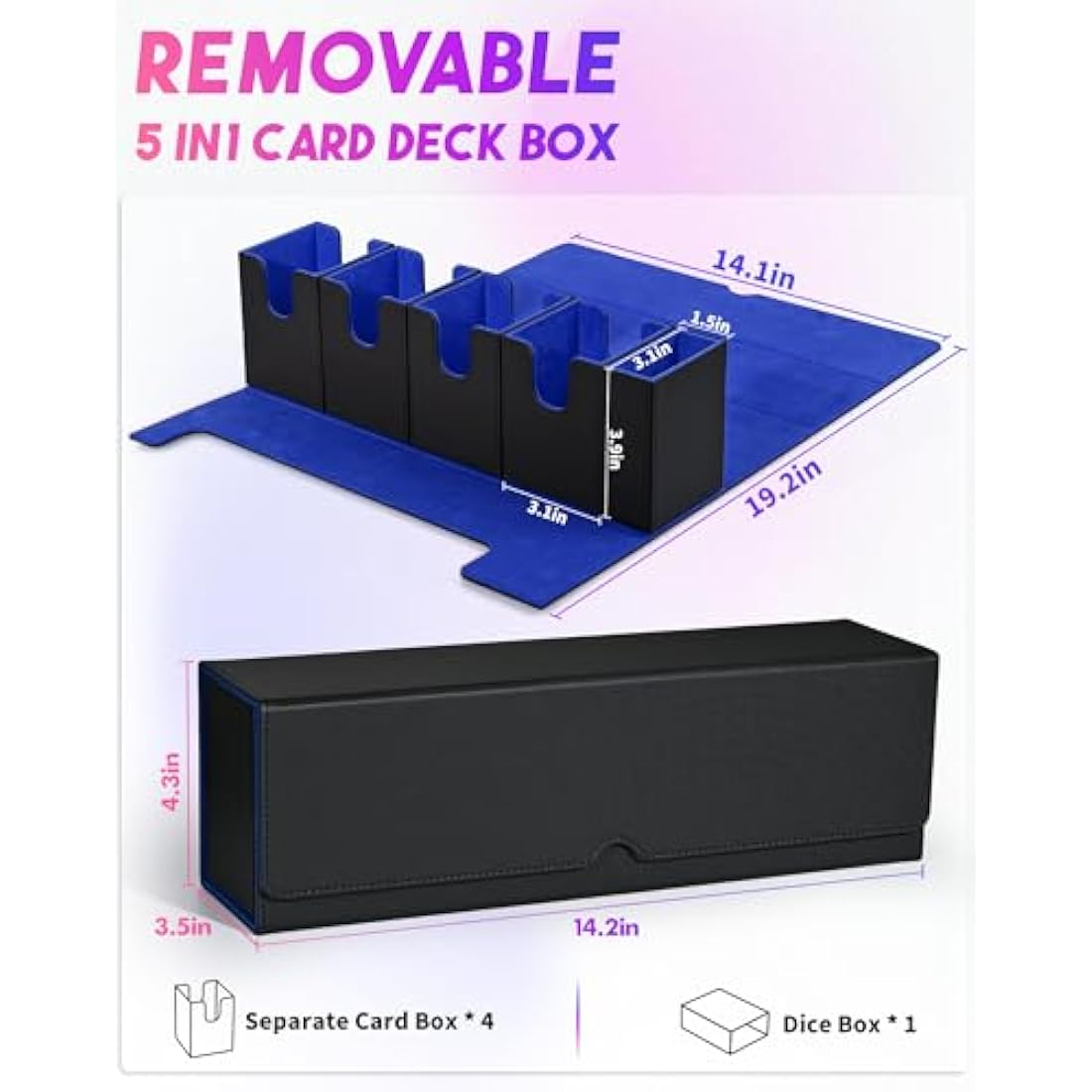 UAONO Card Storage Box with Dice Tray for MTG Yugioh, 5 in 1 Card Deck Case Holds 900+ Unsleeved Cards, Strong Magnet Card Organizer for Magic Commander TCG CCG Sports Cards (Black&Blue)