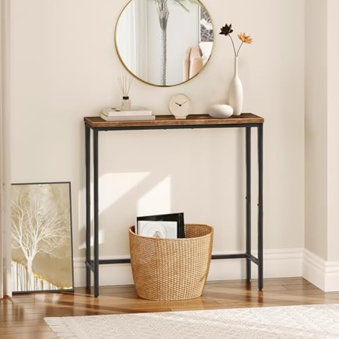 HOOBRO Console Table, Slim Console Table for Hallway, Metal Frame, Compact Display Table, Sofa Table for Small Spaces, Entryway, Living Room, Sturdy, Rustic Brown and Black EBF75XG01