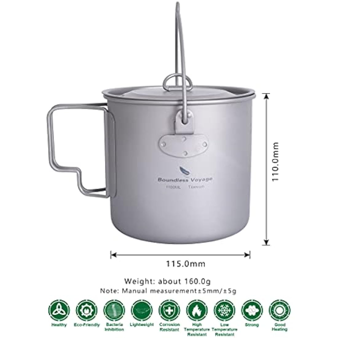 Boundless Voyage Outdoor 1100ml Titanium Pot with Lid Folding Bail Handle Camping Hiking Picnic Ultralight Portable Water Bottle Cup Mug Spork Set
