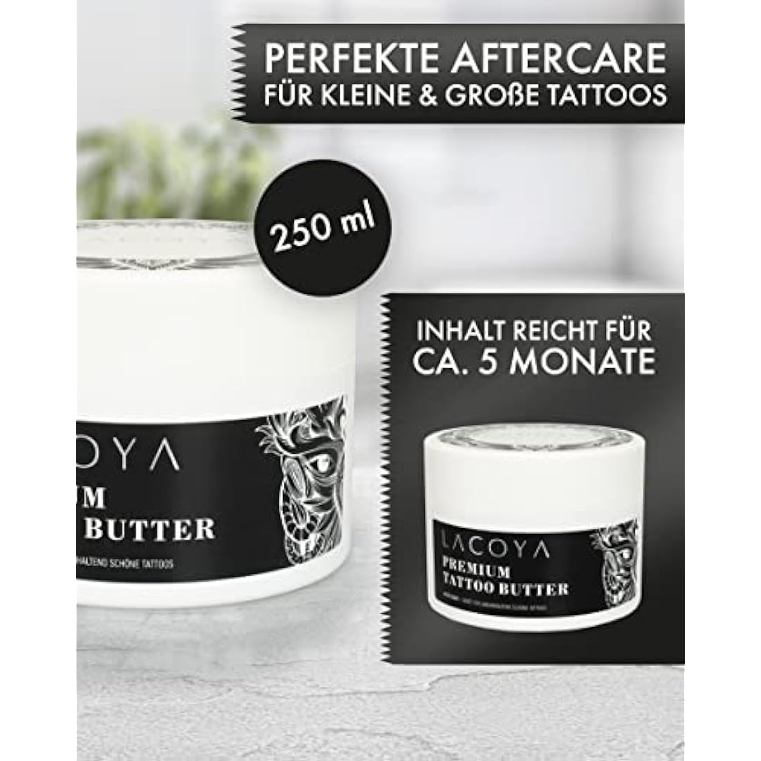 LACOYA® - Premium tattoo butter for freshly tattooed skin - care cream for daily tattoo after-care care care - tattoo cream with shea butter vegan breathable (made in Germany) - tattoo care balm