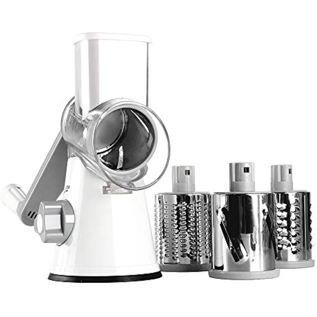 Ourokhome Cheese Grater Rotary Shredder, Kitchen Speed Mandolin Slicer Hand Crank Grinder with 3 Interchangeable Blades and Handle for Cheese, Vegetable, Walnut, Chocolate, Potato, Carrot, White