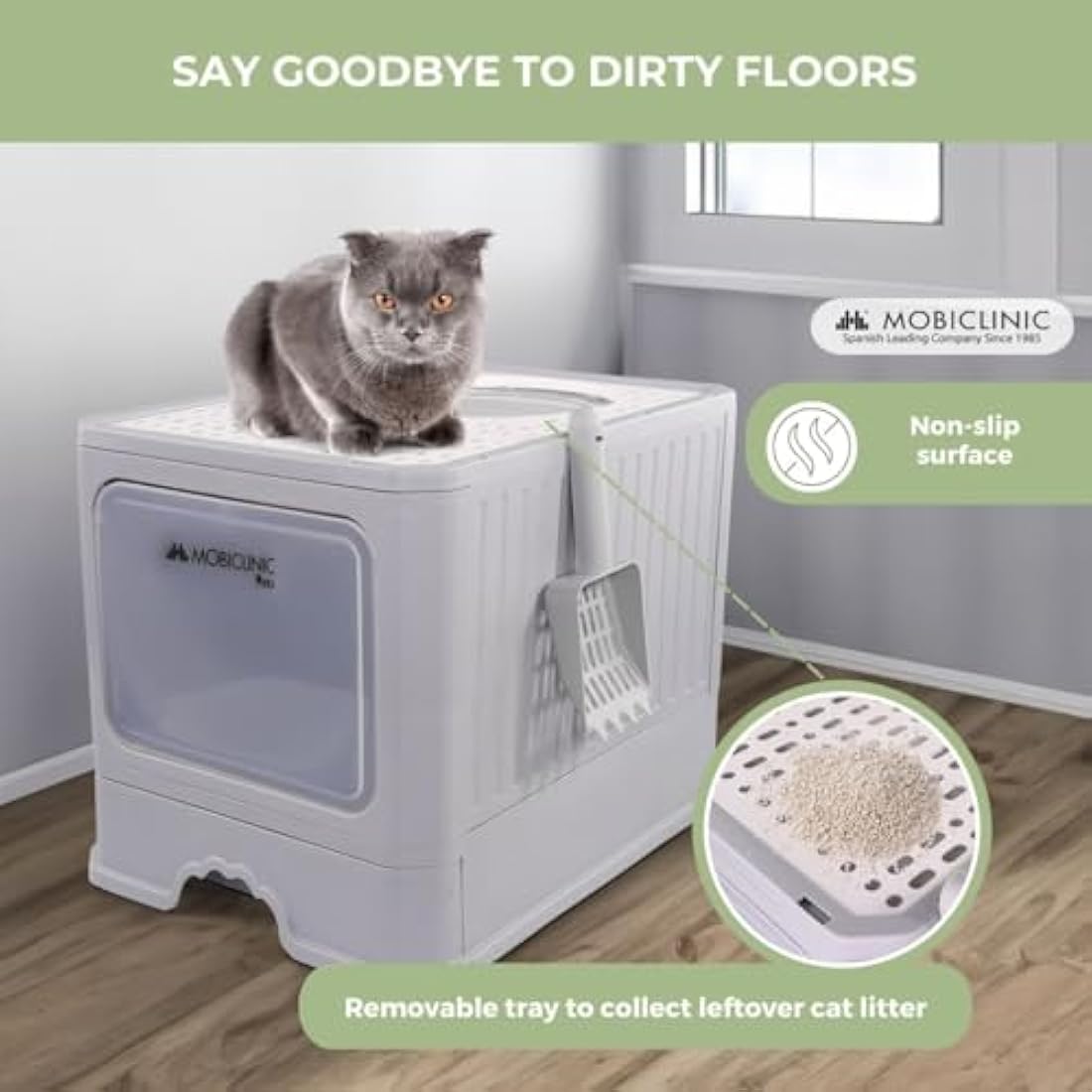 Mobiclinic® Pets, Covered Cat Litter Box, Removable Drawer, Includes Scoop, CatBox, Dual Front and Top Entry with Lid, Top Grid, Elegant Aesthetic, Detachable Structure