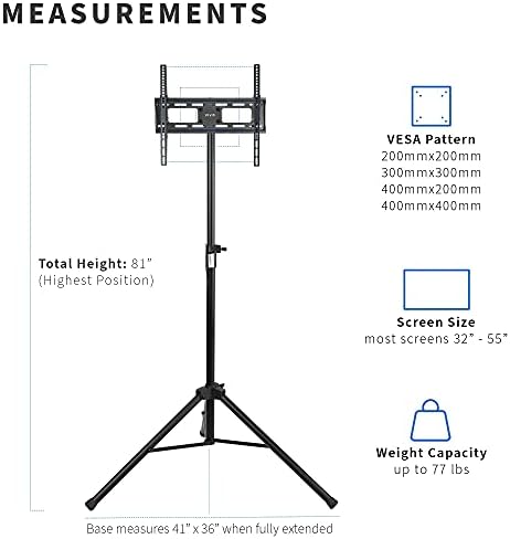 VIVO Black Tripod LCD LED Flat Screen TV Display Floor Stand, Portable Height Adjustable Mount