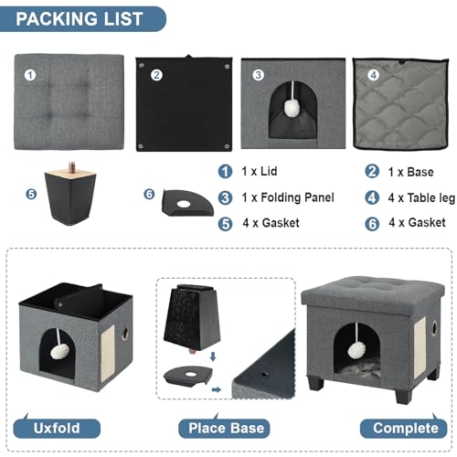 BRIAN & DANY Large Cat Cave for Indoor Cats, Multifunctional Cube Cat House with Cat Scratch Board & Ball, Cat Bed, 45 x 37.5 x 38 cm, Gray