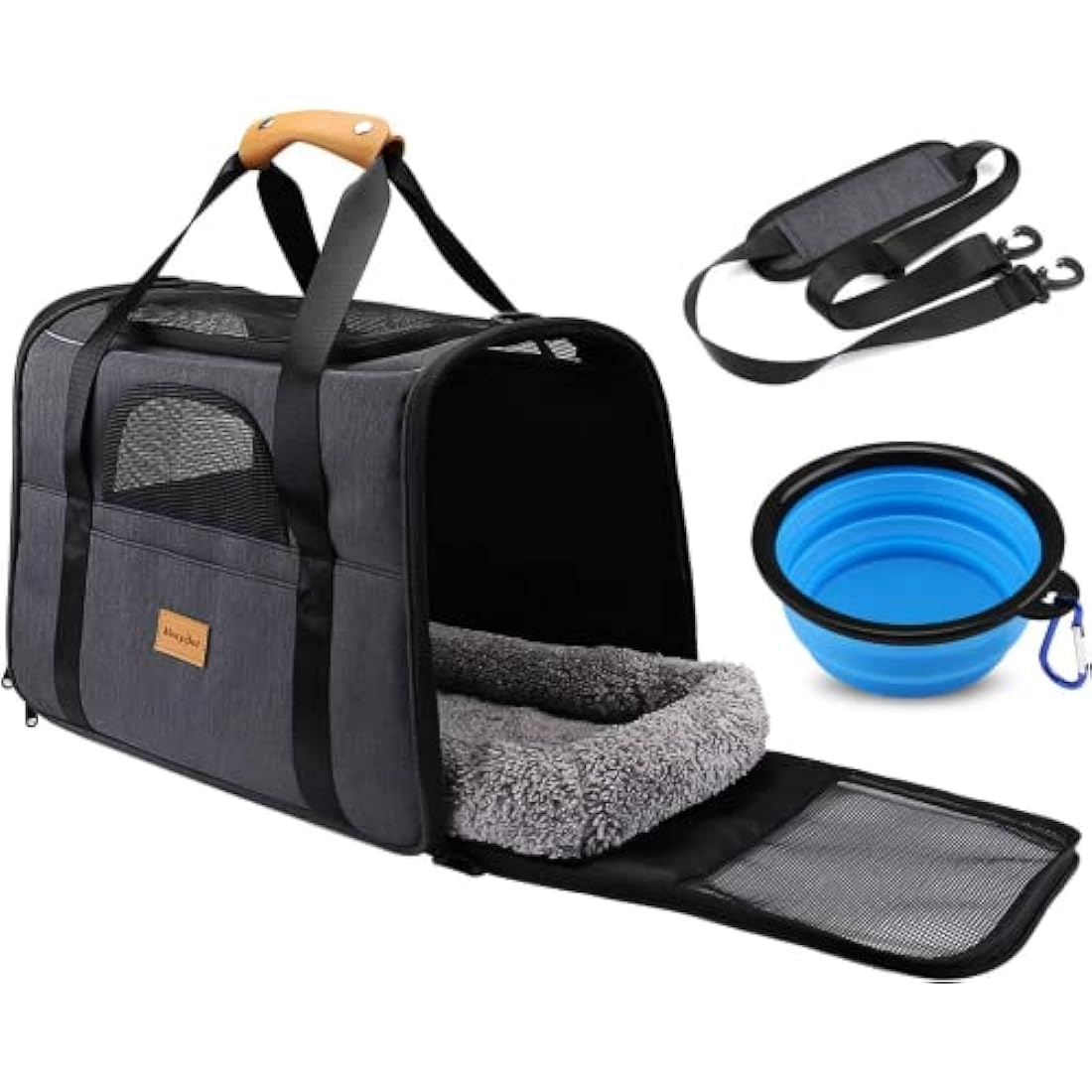 Morpilot Portable Pet Carrier Bag, Top Opening, Removable Mat and Breathable Mesh, Foldable Transport Carrier for Dogs and Cats, with Shoulder Strap and Pet Bowl, Grey