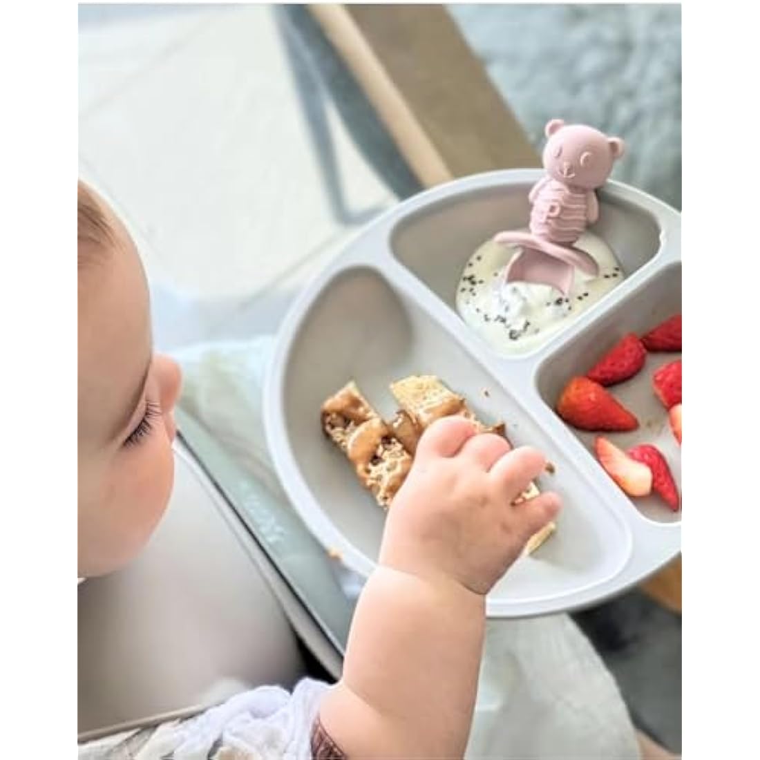 PandaEar 2-Pack Silicone Suction Plates for Babies Weaning with 2 Baby Spoons - Divided Plates for Toddlers and Kids Childrens - Unbreakable Baby Plates with Sections