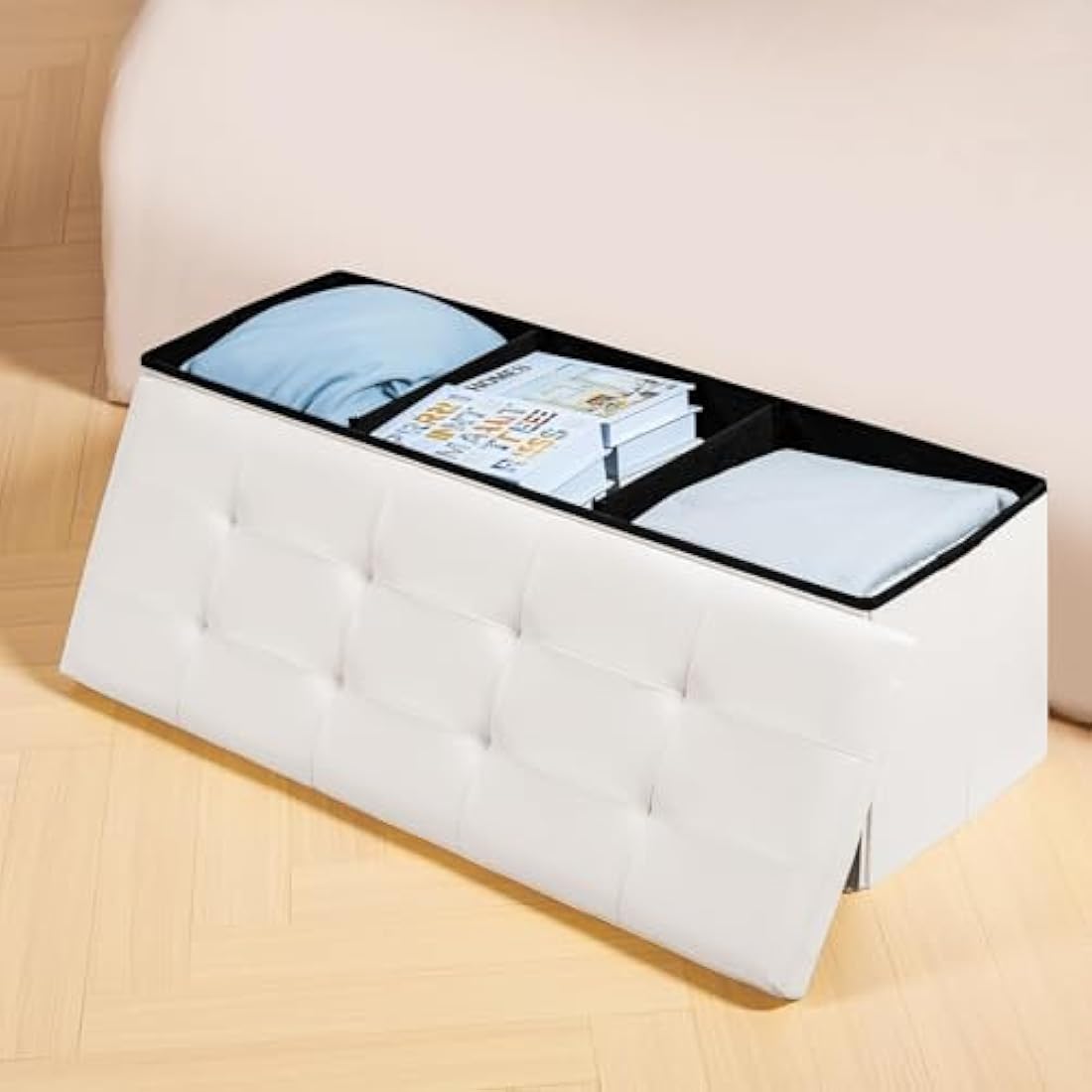 Bonlife Folding Ottoman Storage Bench with Cushion Kids Toy Box Cube Foot Stool Faux Leather Large Storage boxes with Lid,White,110 x 38 x 38 cm