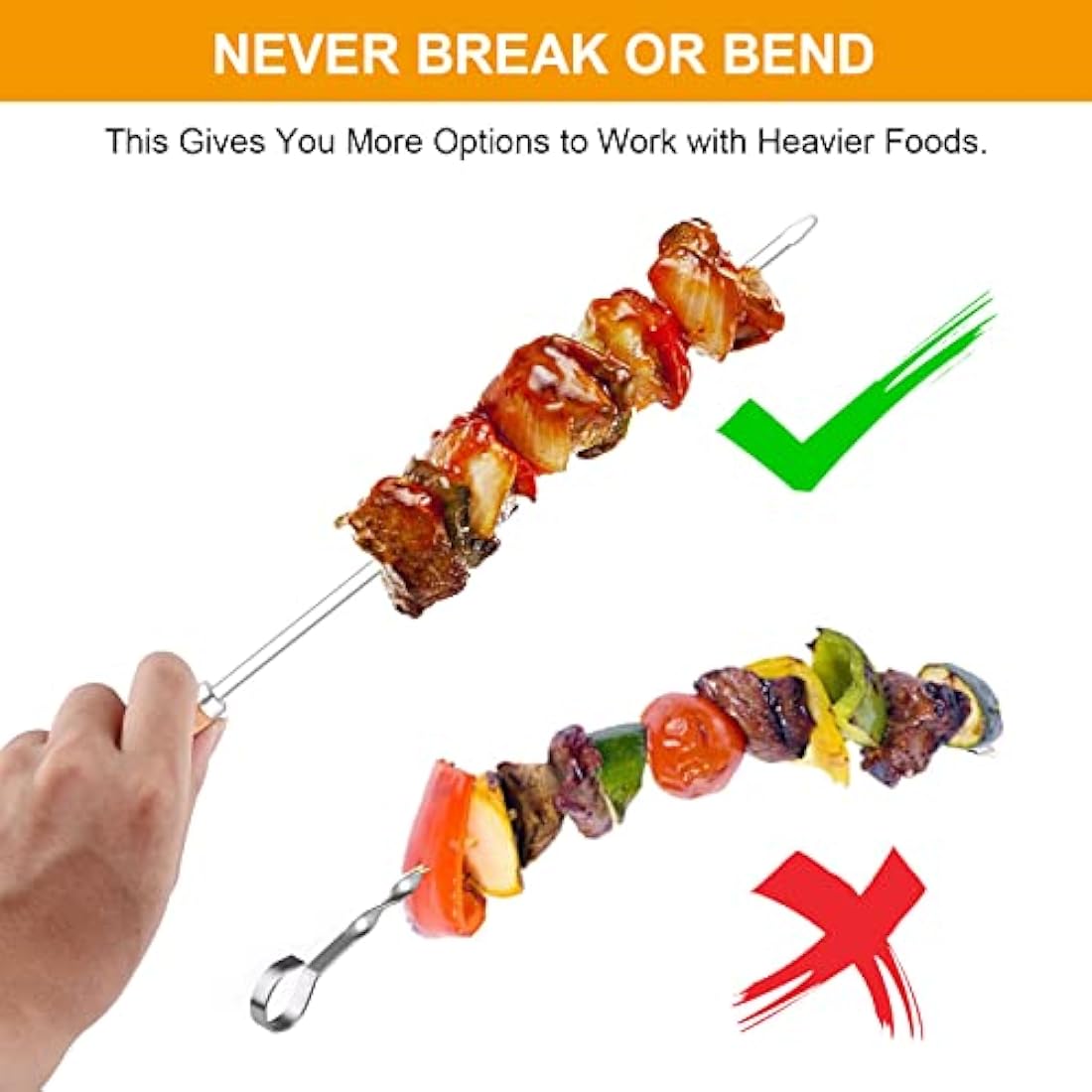 Skewers for Grilling, Stainless Steel BBQ Sticks with Wooden Handle 16 inch Kabob Skewer with Campfire Roasting Bag, 8 PCS (Wooden)