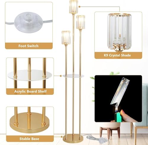 Rayofly Modern Floor Lamp with Shelves, 3-Lights Gold Floor Lamps for Living Room, Crystal Standing Lamp with Glass Shades & Foot Switch, Glas Standing Lamps for Bedroom, Dining Room, Hall, Office