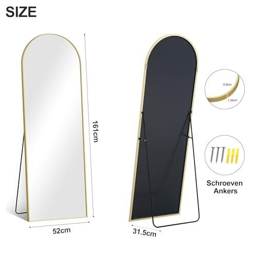 COFENY Arch Full Length Mirror, 161 x 52 cm Gold Full Body Mirror with Aluminum Frame, Wall Mirror Standing Leaning or Hanging, Floor Mirror for