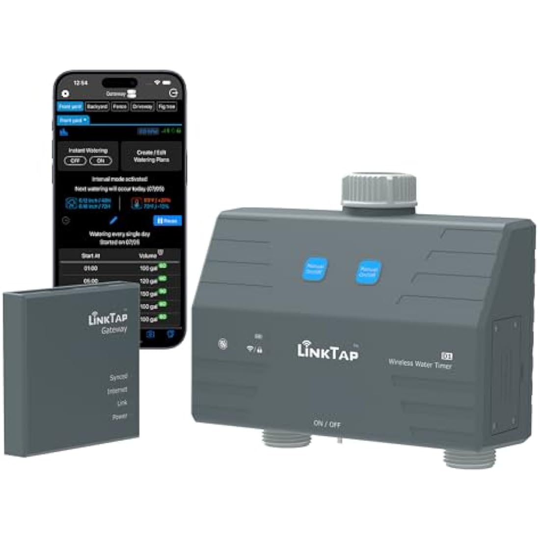 LinkTap D1 Wireless Water Timer & Gateway - 2 Zone Smart Hose Tap Timer, Built-in Flow Meters, Real-Time Fault Detection & Notification, Weather Adaptive, Better Range Than WiFi, IP66, 2-Year Warranty