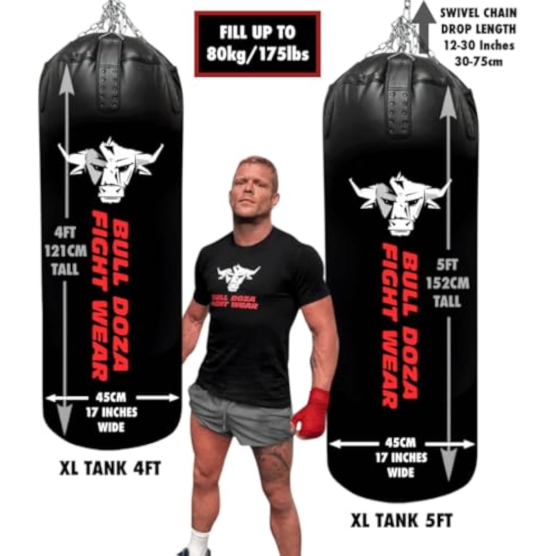 BULLDOZA Heavy-Duty Self-Fill XL Tank Punching Bag – 4ft & 5ft Boxing Bag with Chains, Swivel & Carabiners – Pro-Grade for Boxing, MMA, Kickboxing & Fitness