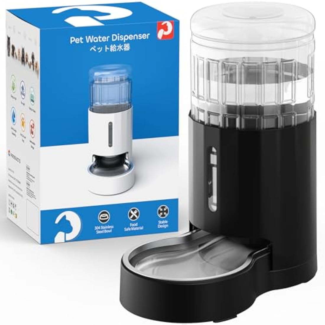 JUNSPOW Drinking Fountain for Cats with Stainless Steel Bowl 4 L, No Electricity & Ultra Silent Automatic Water Dispenser for Large Dogs/Multi-Cat Household, Black
