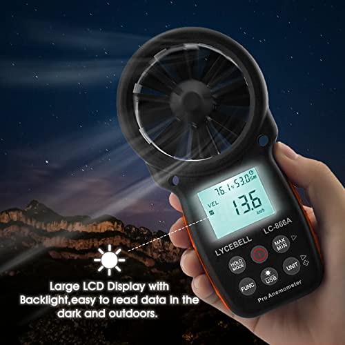 LYCEBELL Handheld HVAC Anemometer LC-866A, Pro Digital Wind Speed Meter for Wind Velocity CFM Measuring, Air Flow Meter, USB Connect to PC, Balance