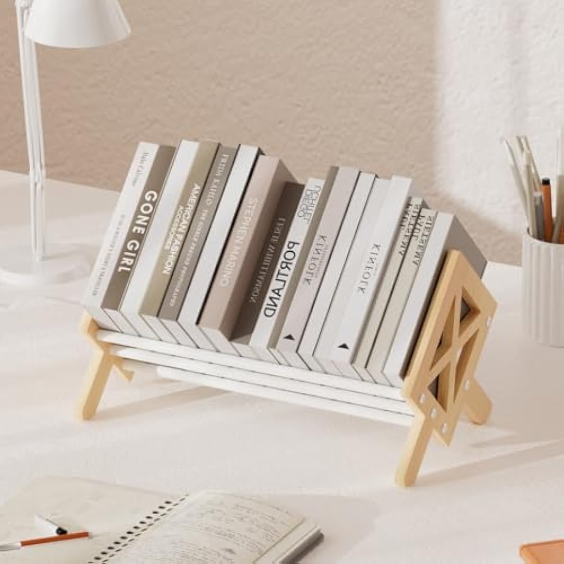 THYGIFTREE Wood Tilting Bookcase in Living Room/Home/Office, Desktop Book Shelf Organiser Bookshelves Storage Rack for CDs/Magazine/Books Display, Desktop Organiser for Books and Magazines