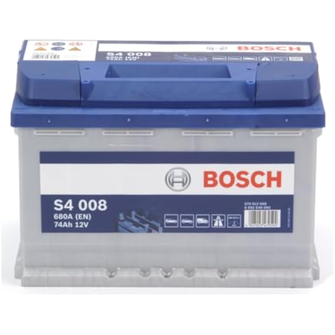 Bosch S4 008 Car Battery 74 A/h - 680 A - 12 V Battery, Type 096, Lead-acid for Non-Start/Stop Vehicles, Left (-) Right (+), 278 x 175 x 190 mm