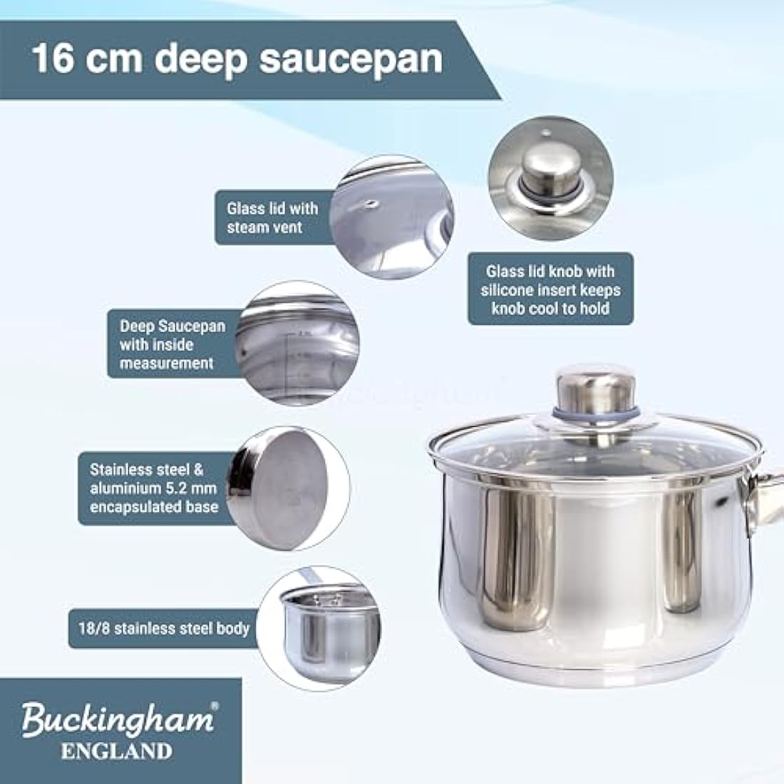 Buckingham Deep Saucepan with Tempered Glass Lid Premium Stainless Steel Cooking Pot Suitable all Heat Source Including Induction 16 Cm 2 Litres by Buckingham