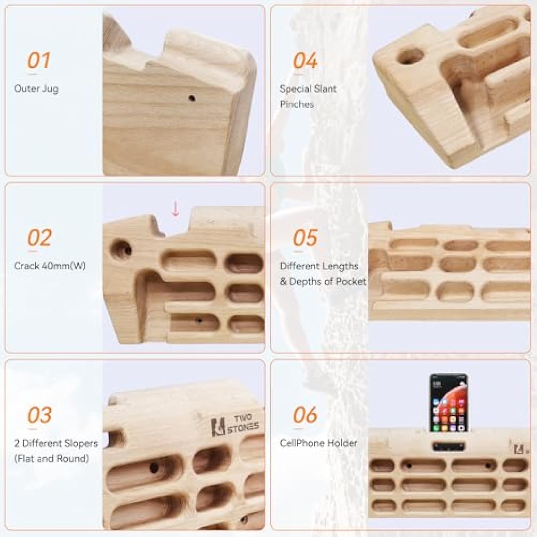TWO STONES Hangboard Rock Climbing Hangboard with Phone Holder, Band Holder, Jugs, Pinches, Pockets, Edges and Slopes; Wood Hang Board for Climbing