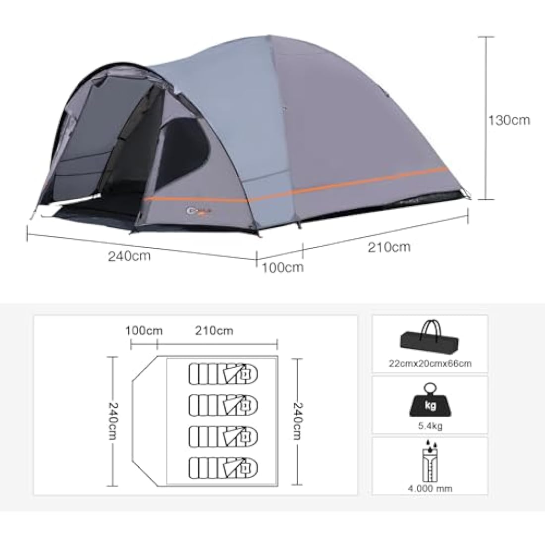 Portal 3-4 Man Tent with Porch, Camping Tent for 3 to 4 Persons with Sewn-in Groundsheet, 4000mm Waterproof Family Tent with Bedroom, Lightweight Dome Tent for Outdoor Garden Backpacking Hiking
