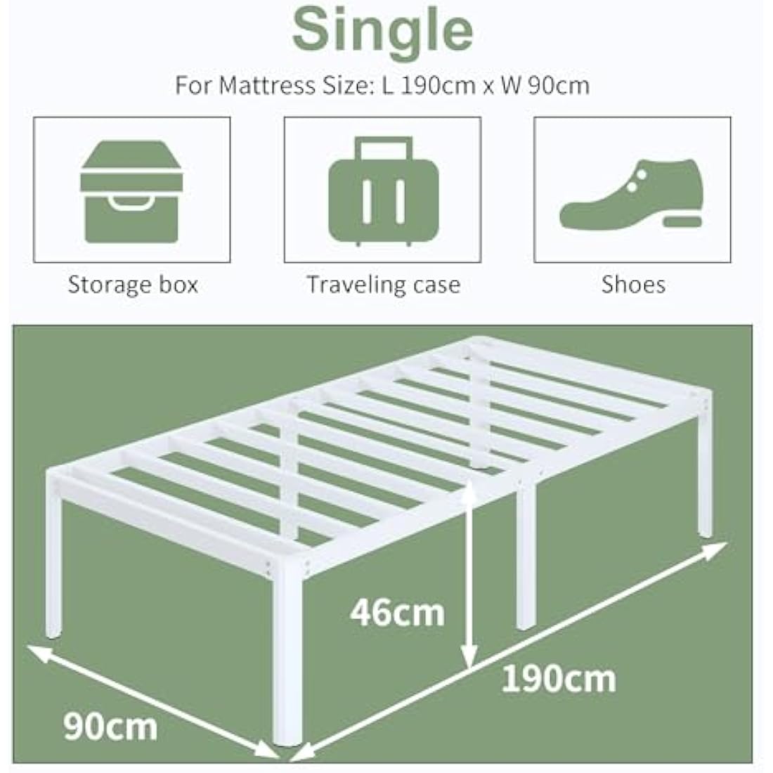Lutown-Teen 3ft Single Bed Frame 46 cm High with Rounded Corners, Heavy Duty Metal Bed Frames Single with Steel Slats, Ample Storage Underneath, Noise Free, Easy Assembly, White
