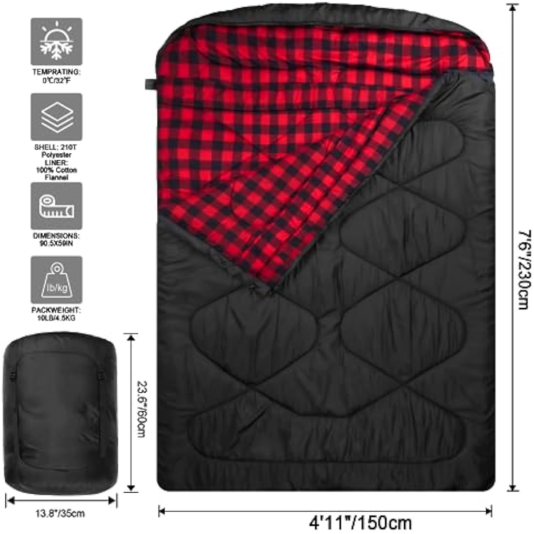 Mcota Cotton flannel double sleeping bags for Winter, waterproof queen size sleeping bag for 2 person cold weather camping, backpacking or traveling, double wide sleeping bags for family or couples