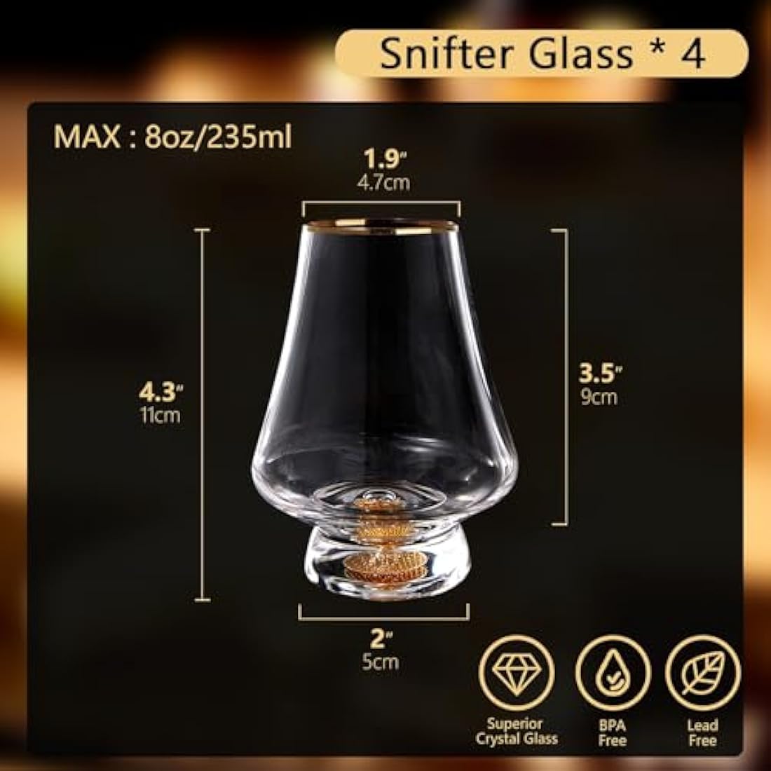 DUJUST Snifter Glass Set of 4 (8 oz), Crystal Whiskey Glasses with 24K Gold Leaf Flakes, Luxury Tasting Glasses for Brandy/Cognac/Bourbon/Tequila/Scotch, Snifter Gift Set, BPA-Free & Lead-Free