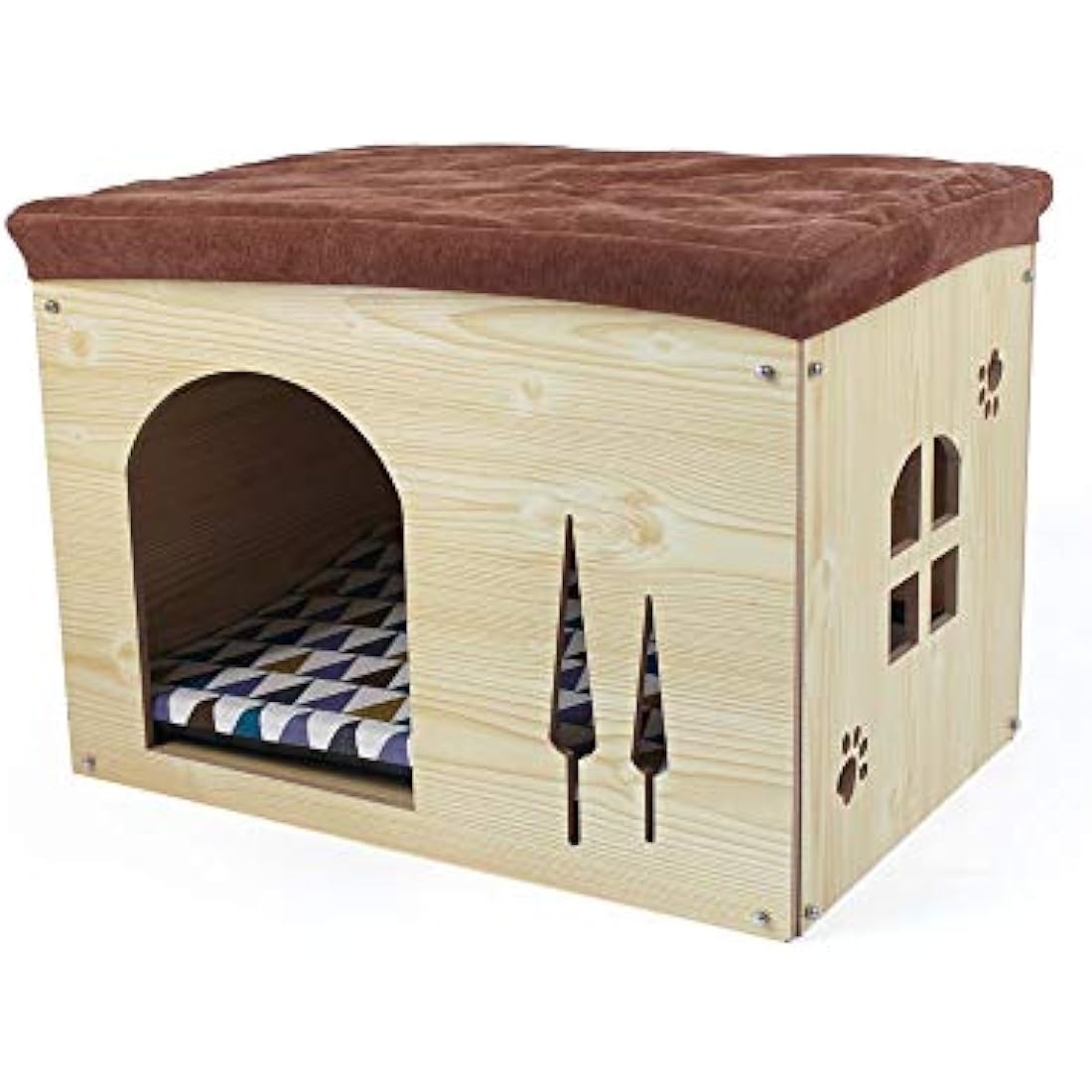 Cat Pet Bed House- Footstool Style Cat Cave Puppy Kennel, Foldable Pet House with Free Pet Cushion for Small Dogs Cats Rabbits Creative Wood Sitting Stool for Living Room Bedroom, Natural XL