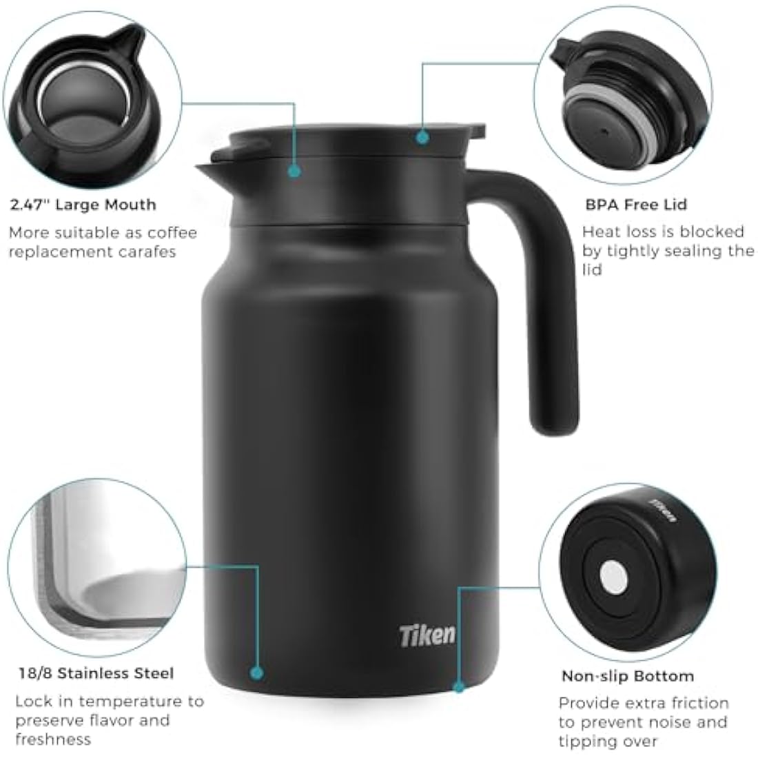Tiken 1.5L Thermal Coffee Carafe Jug, Double Walled Stainless Steel Insulated Vacuum Coffee Flask for Hot &Cold Drinks