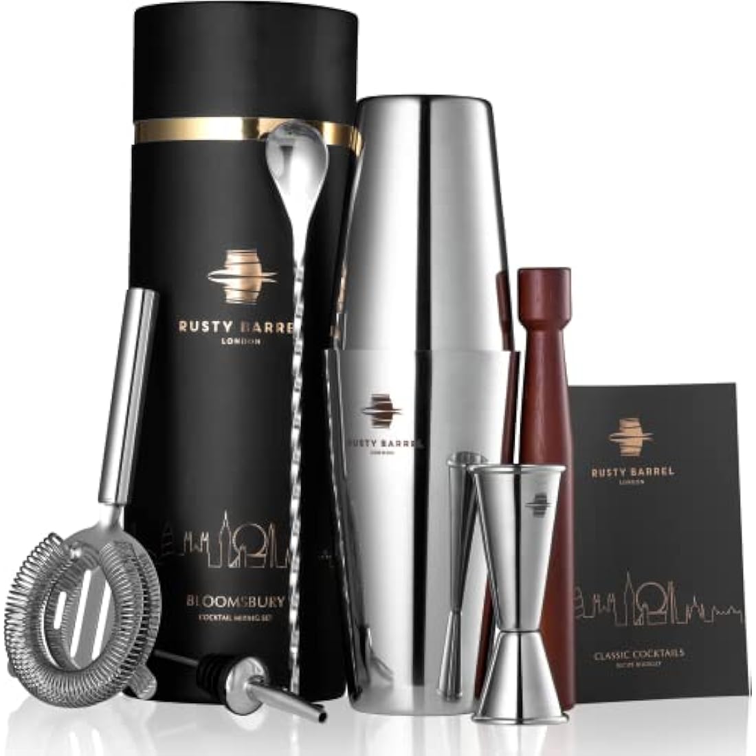 Rusty Barrel Cocktail Making Kit - Beautifully Presented Cocktail Shaker Set - Premium Cocktail Set with Cocktail Shaker and Bar Accessories for Home Pub - Cocktail Gift Set in a Beautiful Gift Box