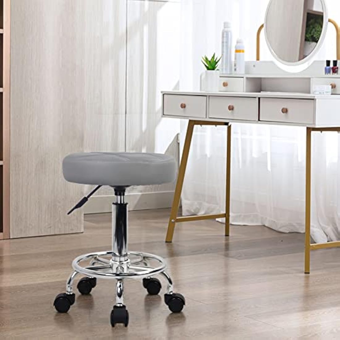 KKTONER Round Rolling Stool Chair PU Leather Height Adjustable Swivel Drafting Work SPA Shop Salon Stools with Wheels Office Chair Small (Gray)