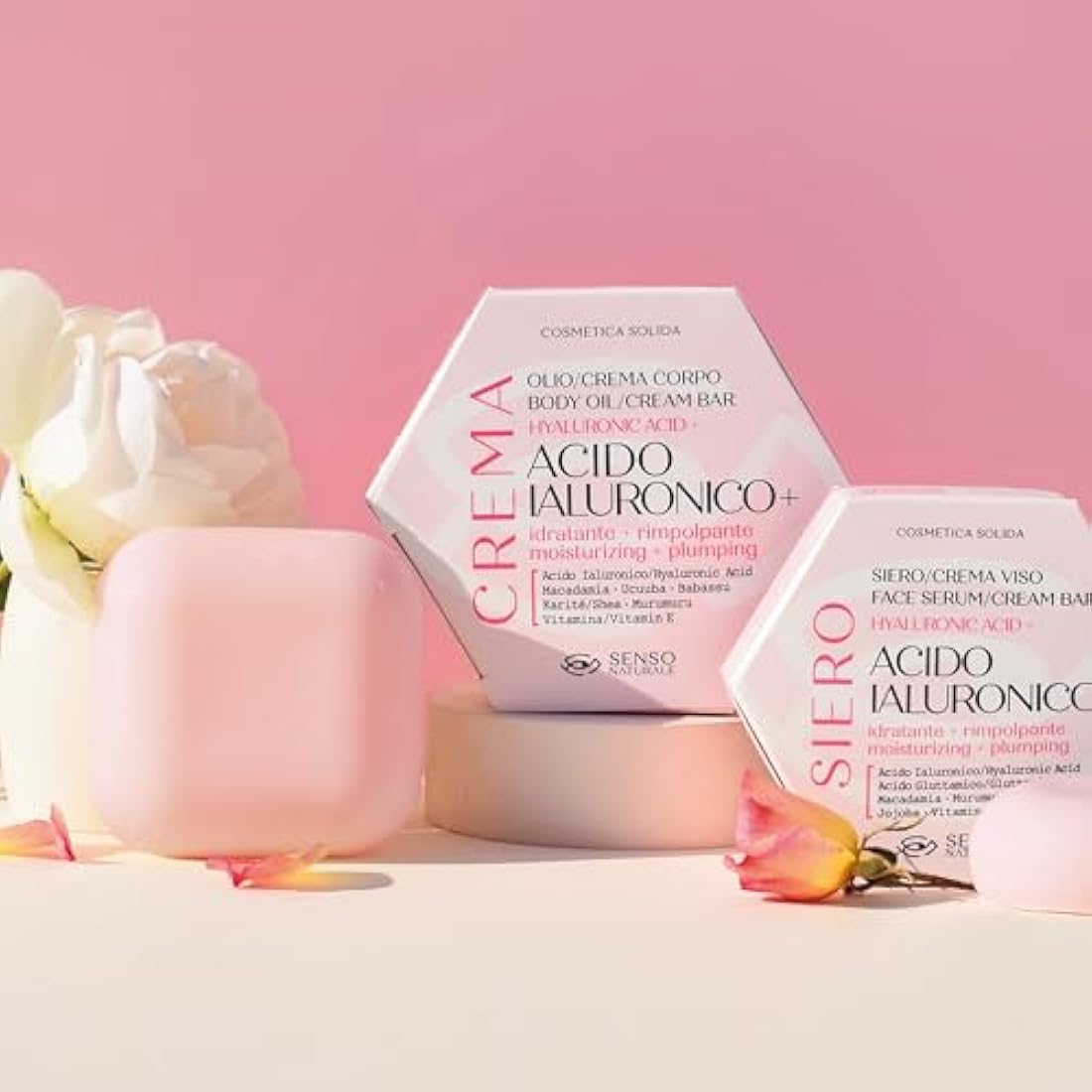 Senso Naturale Solid Body Oil Hyaluronic Acid Moisturising Cream, Improves Elasticity and Stimulates Skin Collagen with Vitamin E, 100% Natural and Vegan