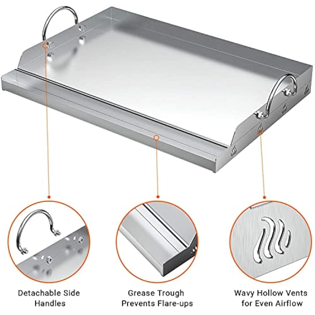 Onlyfire Stainless Steel Rectangle Griddle Plancha for Most BBQ Gas Grills and Charcoal Grills(58.4x40.6cm)