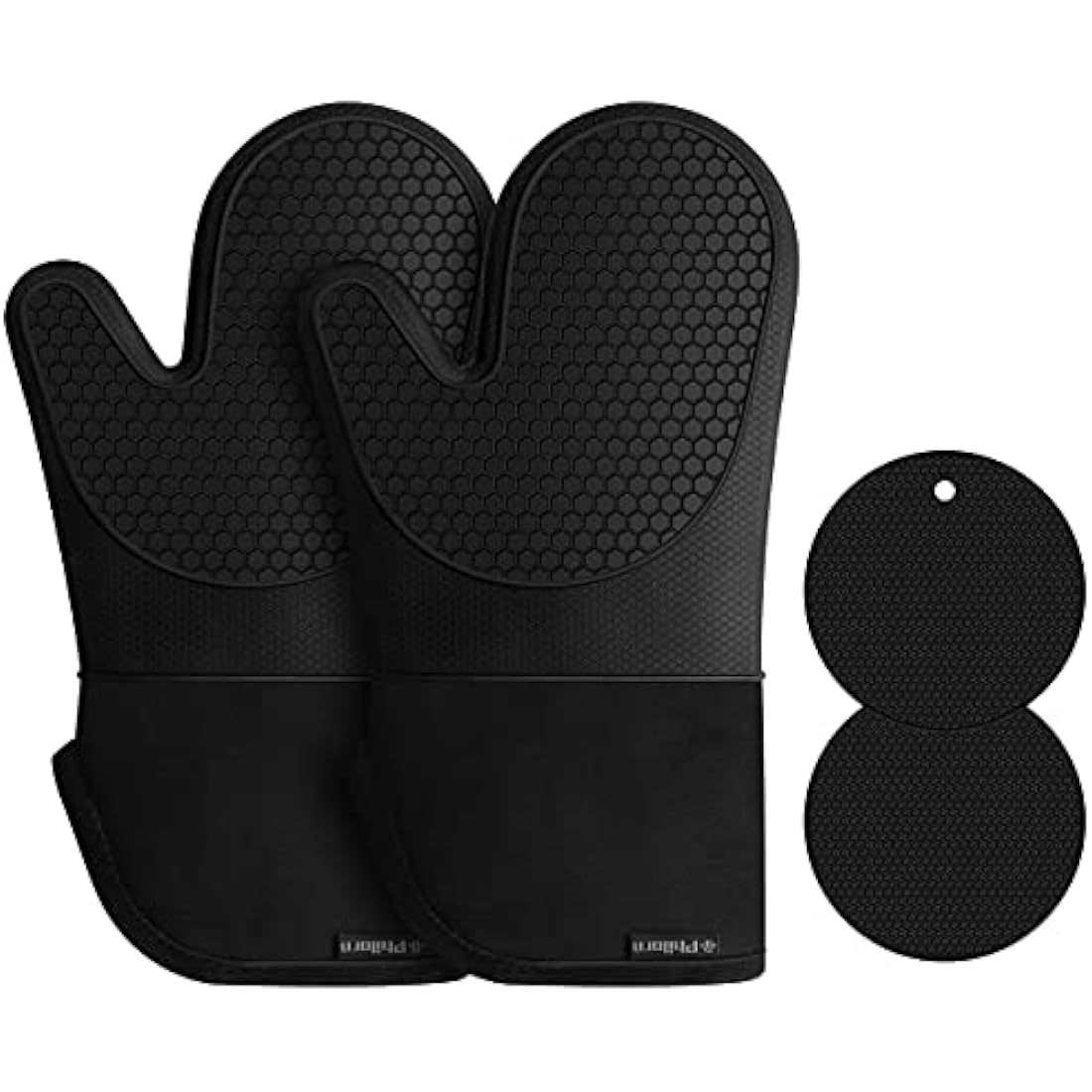 Philorn Silicone Glove Waterproof Heat Resistant Oven Mitts Non-slip with 2 Insulation Pads Long Cotton Cuffs BBQ Baking Smoking Potholders (Black)