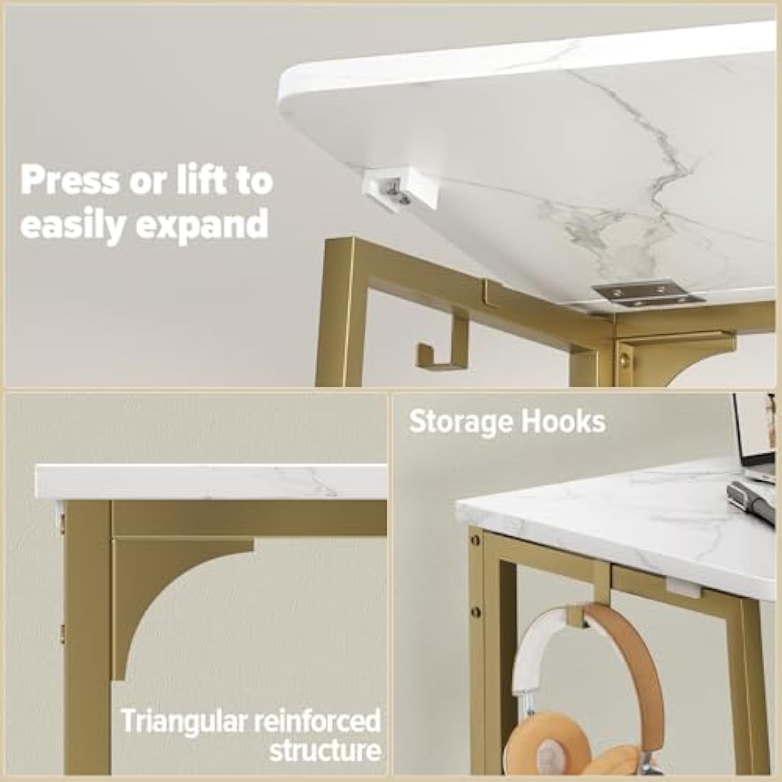 WOHOMO Folding Desk, Small Writing Desk, Space-Saving Foldable Laptop Table Writing Workstation for Home Office, Easy Assembly, White and Gold