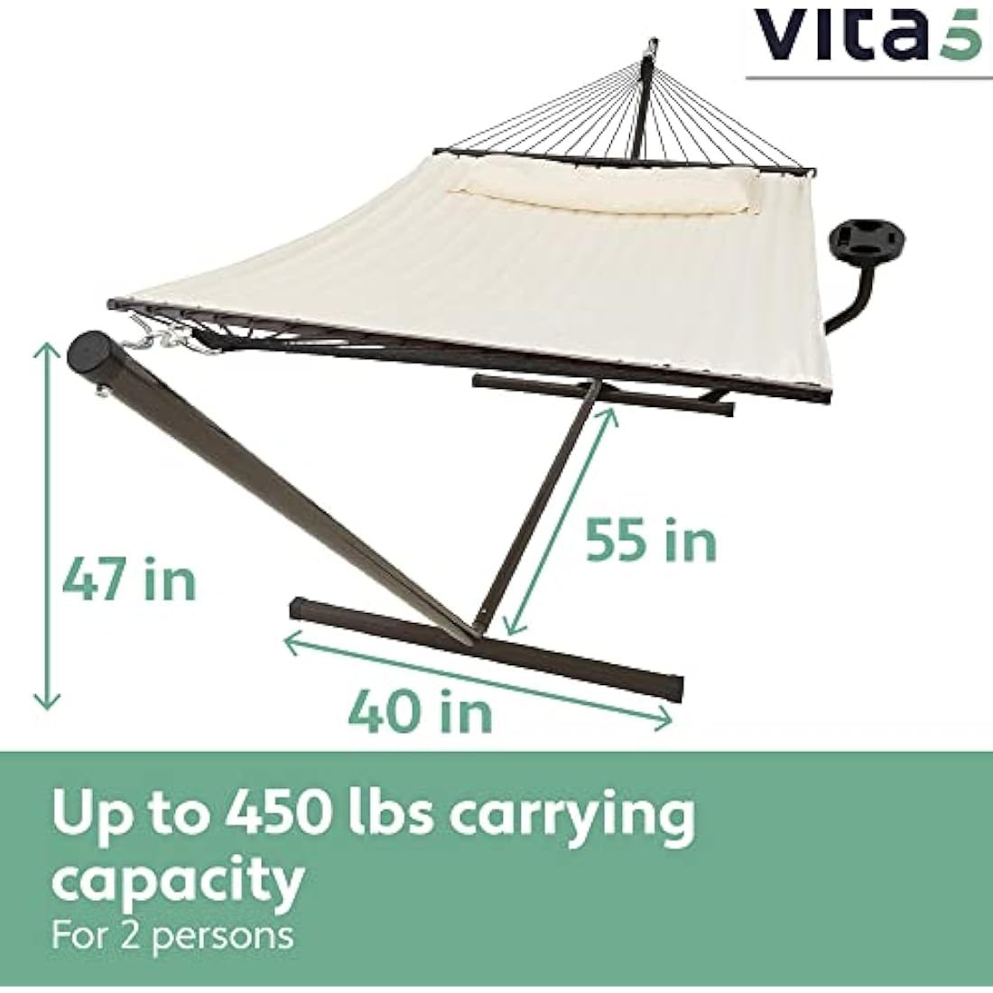 Vita5 Hammock Stand with Sidetable, Garden Hammocks 2 Persons, Side Table & Detachable Pillow, Heavy Duty 200kg Capacity, Indoor and Outdoor Hammock for Patio, Pool or Backyard (Beige)