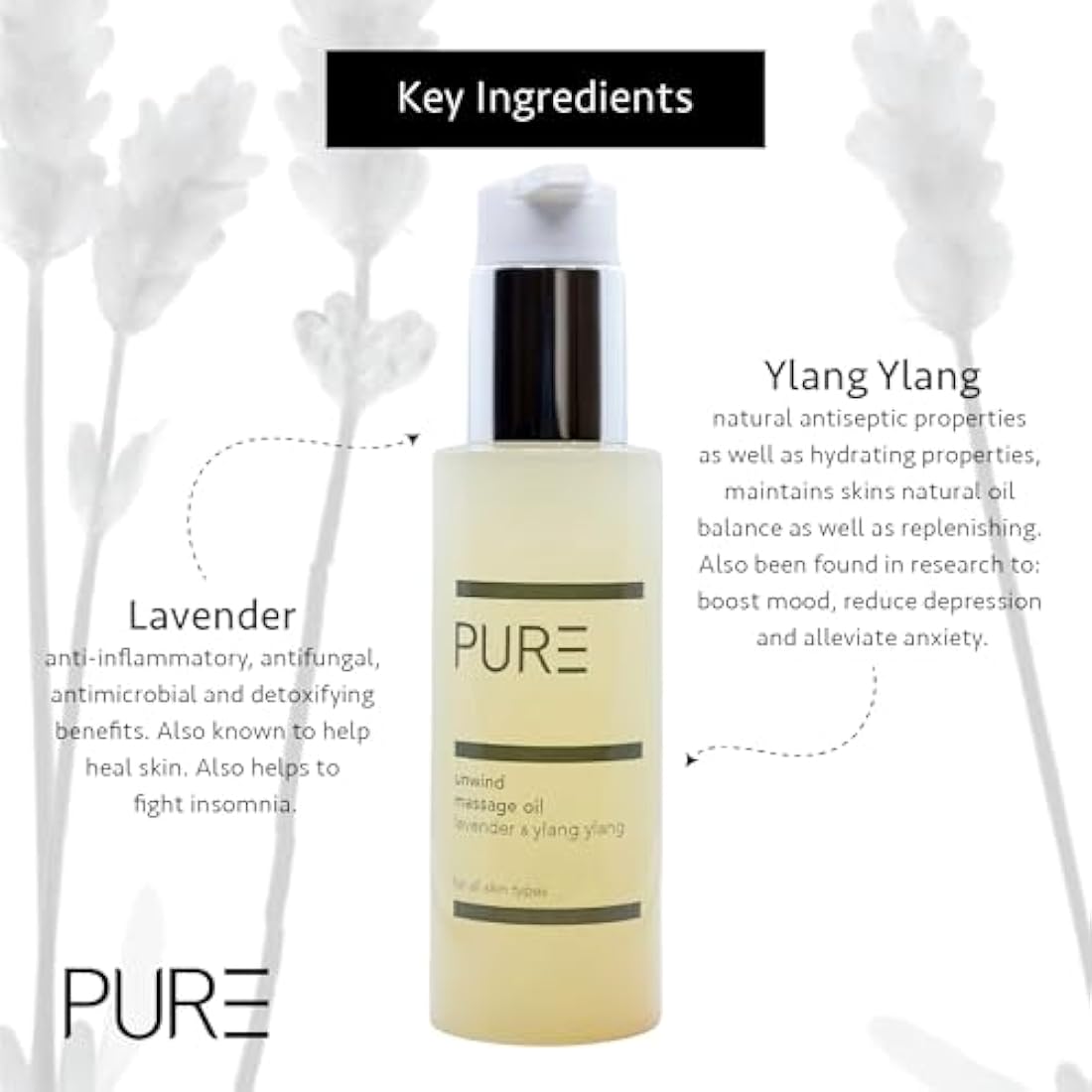Unwind Body Oil by PURE Spa Skincare - Aromatic Blends of Lavender & Ylang Ylang - 100ml - Helps Reduce Stress & Anxiety and Improves Sleep - Body, Bath, Hair & Massage Oil - 100% Natural and Vegan