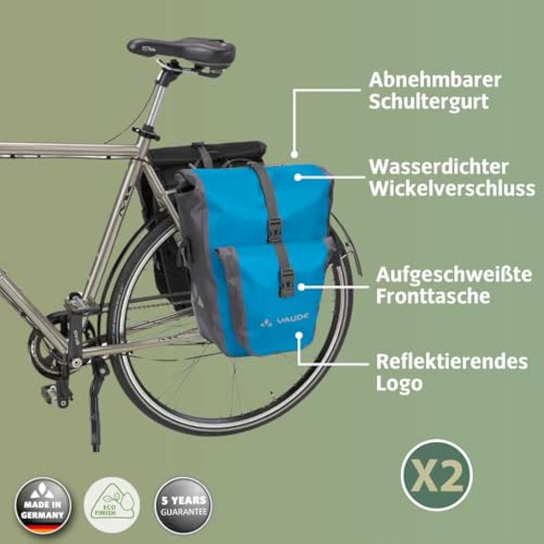 VAUDE Aqua Back Plus Bike Pannier, 2 x Rear Bike Rack Bag Waterproof, 51L Total Volume, Cycling Bag, Easy Mounting - Made in Germany