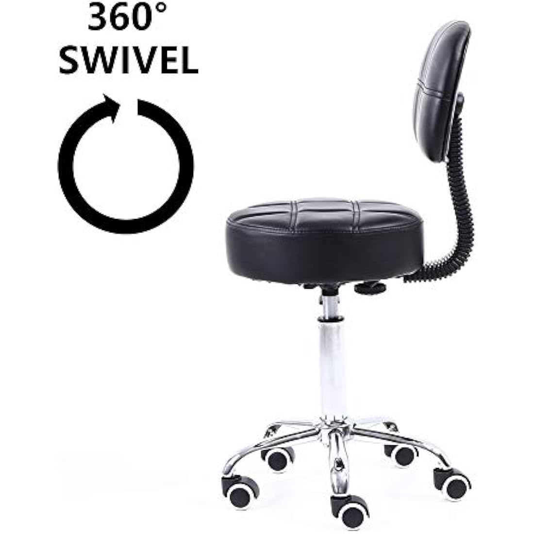 KKTONER Round Rolling Stool with Back PU Leather Height Adjustable Swivel Drafting Work SPA Salon Stools Chair with Wheels (Black)